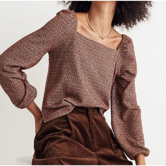 MADEWELL Brown Patterned Square Neck Blouse Size Small - Picture 1 of 7